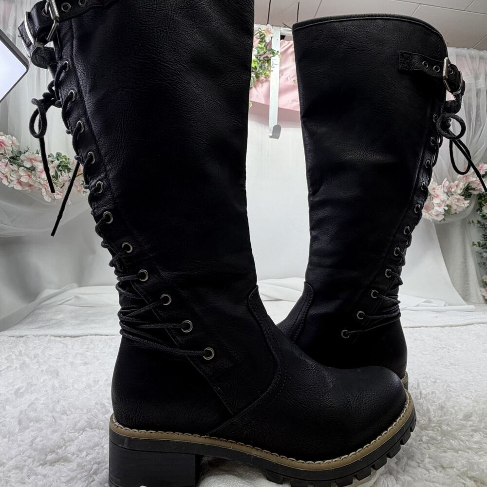 Global Win Lace Up Buckle Zipper 17" Tall & 2" Heels Boots Size 7 Women's